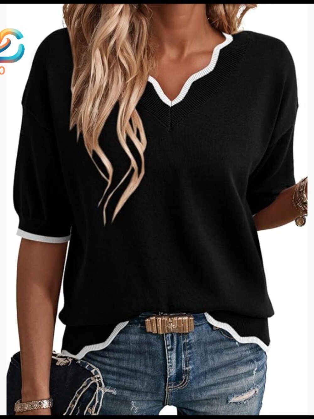 Lightweight Ribbed Knit V-Neck Short Sleeve Sweater Pullover Top
